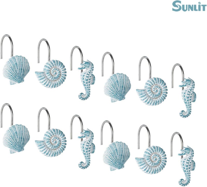 Sunlit 12-Piece Aqua Blue Resin Shower Curtain Hooks, Ocean Creatures Coastal Design, Nautical Bathroom Decoration - Image 2